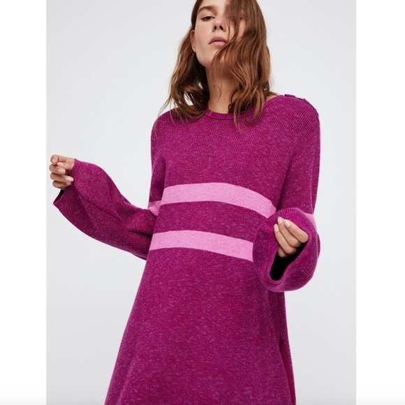 Free People On Your Team Sweater Dress Pink Size XS Balloon Sleeve Stretch Knit - Picture 2 of 11